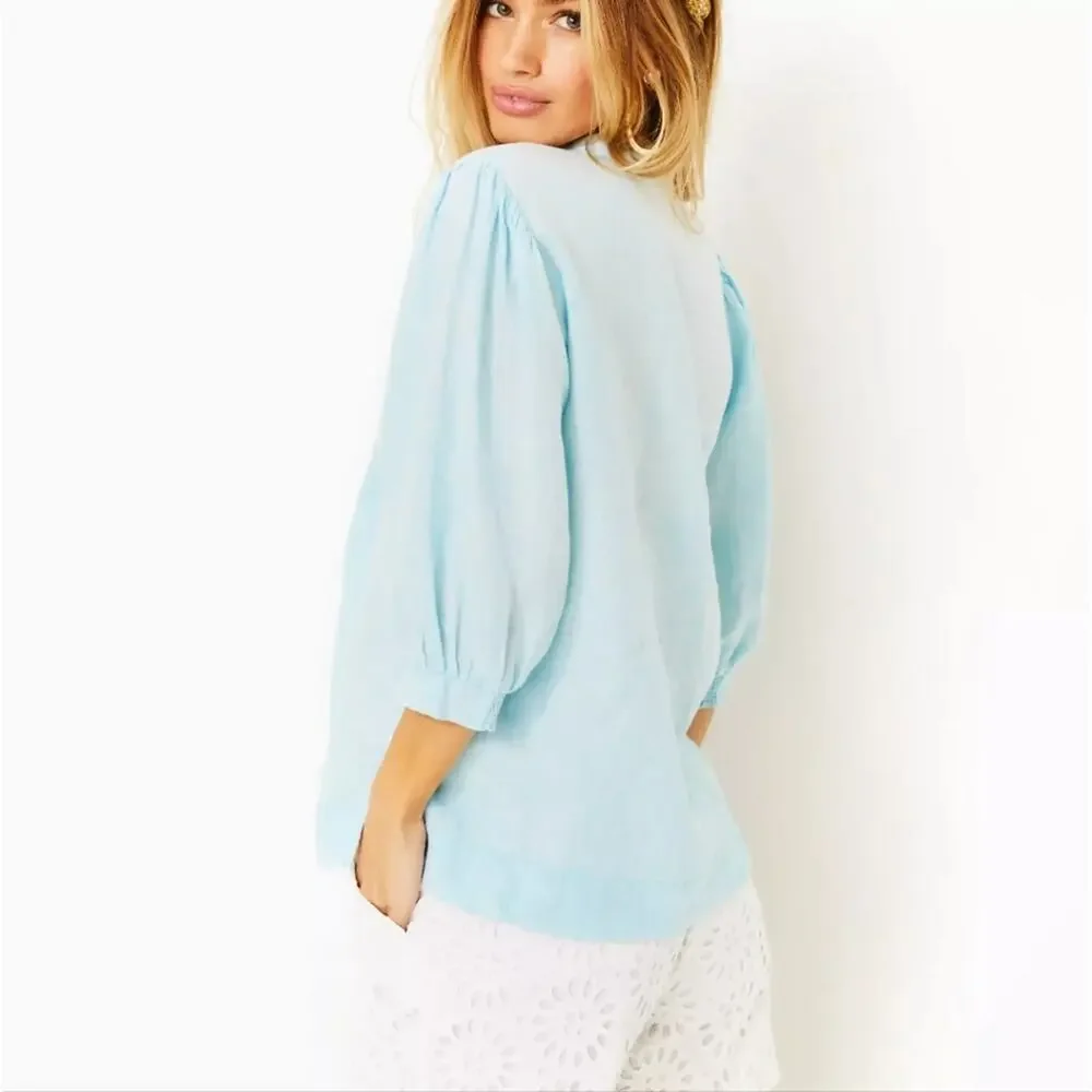 Lilly Pulitzer Mialeigh Blue Linen V-Neck Puff Sleeve Tunic Top NWT XL $138